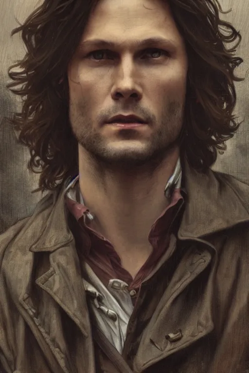 Image similar to a detailed matte portrait of sam winchester in a supernatural sherlock holmes story, 1 8 th century london in the rain, city streets, ominous, masterpiece, 8 k, art by alphonse mucha and greg rutkowski