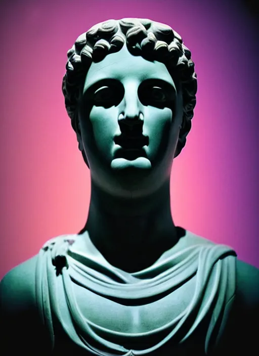 Image similar to ancient greek statue, beeple, vaporwave, retrowave, black background, neon, black, glitch, strong contrast, pinterest, trending on artstation