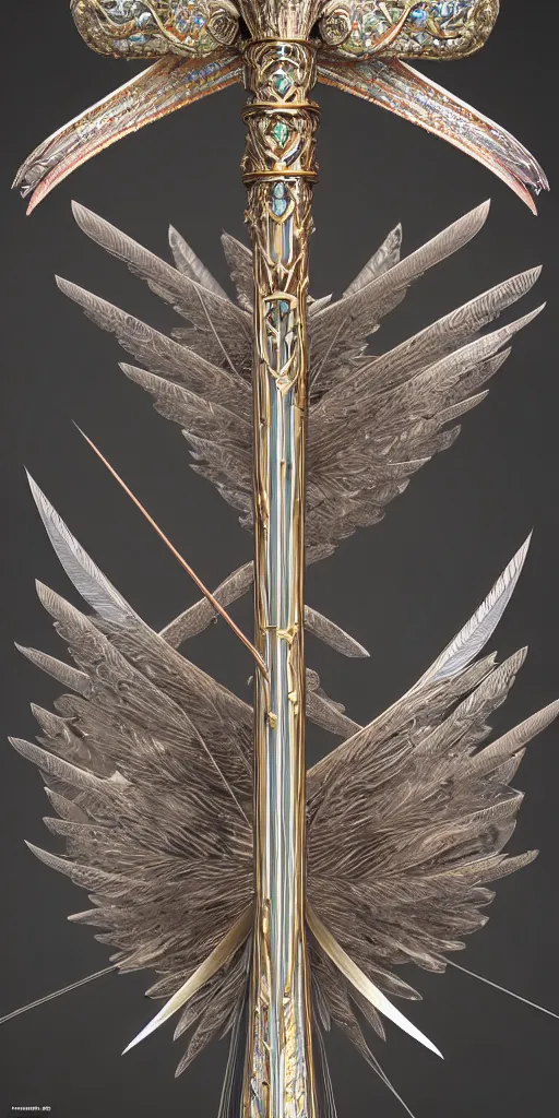 Image similar to beautiful physical detailed render of a sacred bow arms made of crystal, the style of louis comfort tiffany, pascal blanche, zigor samaniego, paul pepera, ellen jewett, weapon design, mechanics, weapon model, feather, wing, exquisite, metal, structure, c 4 d, 3 d render,, unreal engines, light effect, 4 k hd