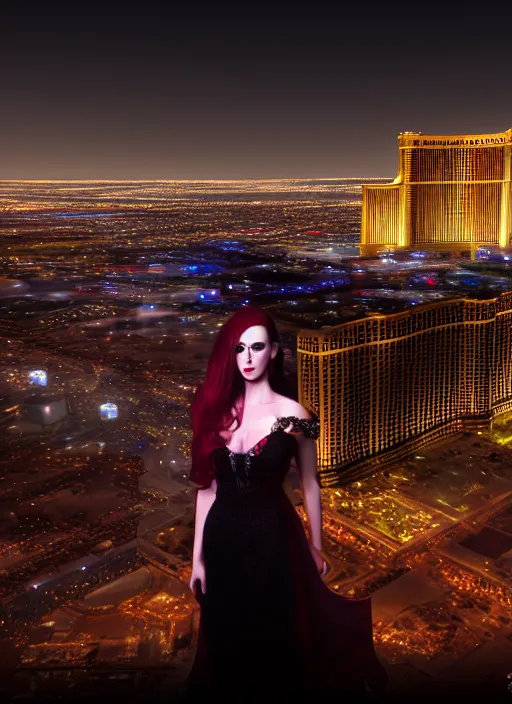 Image similar to full length portrait, duchess of blood, night shot of las vegas in background, highly detailed, CGsociety, subtle, concept art, HDR, hyper realistic, volumetric lighting, subsurface scattering, unreal