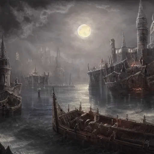 Image similar to medieval city floating above a sea in the moonlight with some puffs of clouds with a dark and gloomy theme, ultra fine detail, concept art, matte painting,