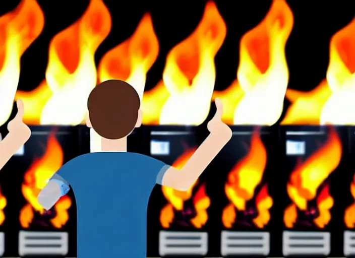 Image similar to A system administrator doing a thumb up to the camera in front on burning servers, servers in flames, happy system administrator doing a thumb up, uncropped, full body