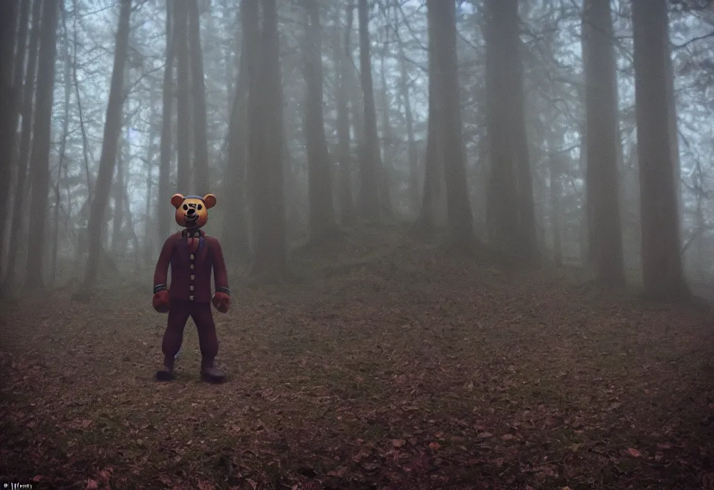 Prompt: low quality iphone photo of freddy fazbear standing ominously deep in the foggy woods with a demonic smile in his face, low visibility, grainy, creepy