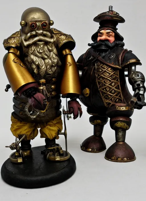 Image similar to an old dwarf musketeer and his large clockwork robot companion, golem, steampunk, ming dynasty, chinese fantasy, reasonable fantasy, realistic, detailed, tabletop rpg, ghostblade, wlop.