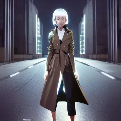 Image similar to realistic render of a cyborg girl wearing a long trench coat by ross draws, futuristic dystopian street by ilya kuvshinov, digital anime art by ross tran, composition by sana takeda, lighting by greg rutkowski