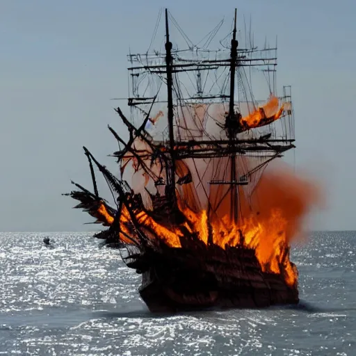 Prompt: pirate ship on fire in the middle of the sea