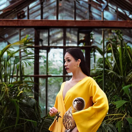 Image similar to head to shoulder portrait film photograph of an elegant top model wearing a yellow kimono with a very detailed barn owl on her shoulder!!! in a tropical greenhouse. looking at the camera!!. super resolution. 85 mm f1.8 lens.bokeh. graflex. by Simon Stålenhag ! -