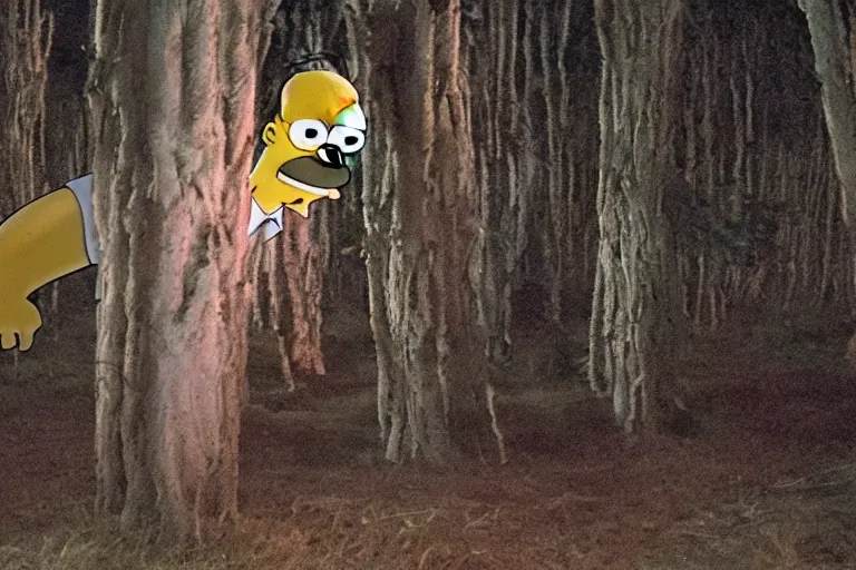 Image similar to A still of Homer Simpson in The Blair Witch Project, 8k, real photo, night scene, terrible