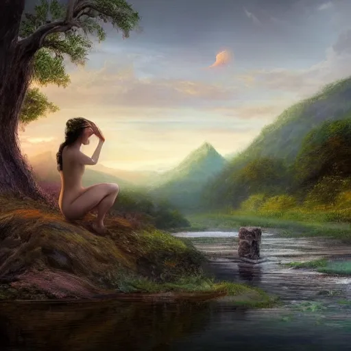 Image similar to a very beautiful fantasy nymph on the bank of a river with morning sunrise in the distance and jagged faded mountains beyond