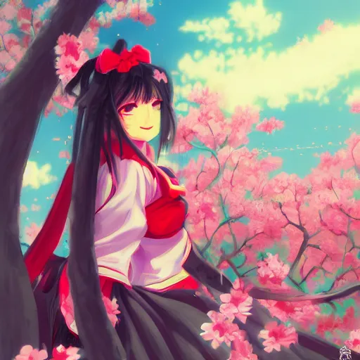 Image similar to Hakurei Reimu watches over the Gensokyo sakura festival by Alena Aenami