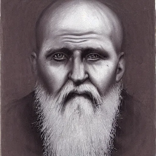 Image similar to charcoal portrait of an early 20th century russian orthodox priest, bald, bierdless, no eyebrows