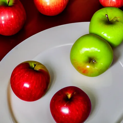 Prompt: a wide angle realistic photo of three apples on a colorful plate, award winning