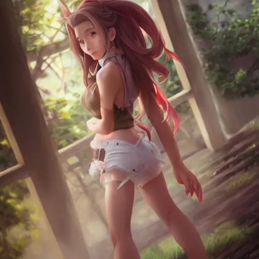 Image similar to full body shot of aerith gainsborough by WLOP, rossdraws, Logan Cure, Mingchen Shen, BangkuART, sakimichan, yan gisuka, JeonSeok Lee, zeronis, Chengwei Pan on artstation