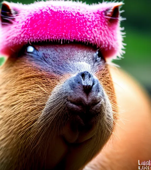 Image similar to award winning 5 5 mm close up portrait color photo of a capybara with pink slime oozing out of its nose, in a park by luis royo. soft light. sony a 7 r iv