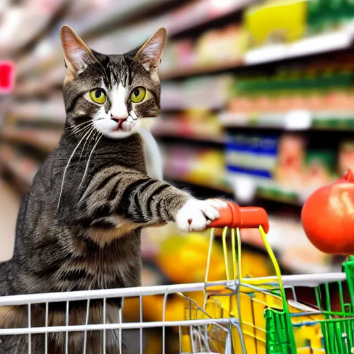 Image similar to a cat shopping for groceries at a supermarket, photorealistic, high detail