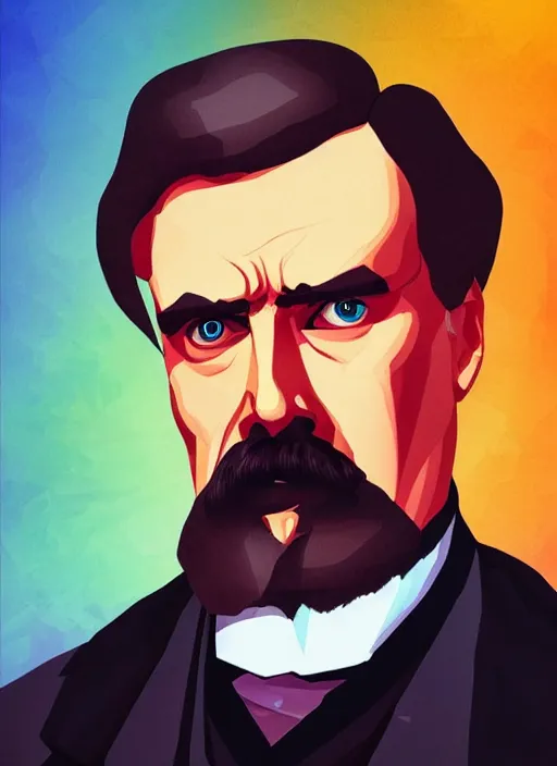 Image similar to 4k Portrait of Friedrich Nietzsche in his Suit with a chiseled Jawline and serious Look, in the Style of Artgerm and Ross Draws and Mike Mignola, rim light, saturated colors, hard shadows, colorful, plain background, trending on artstation