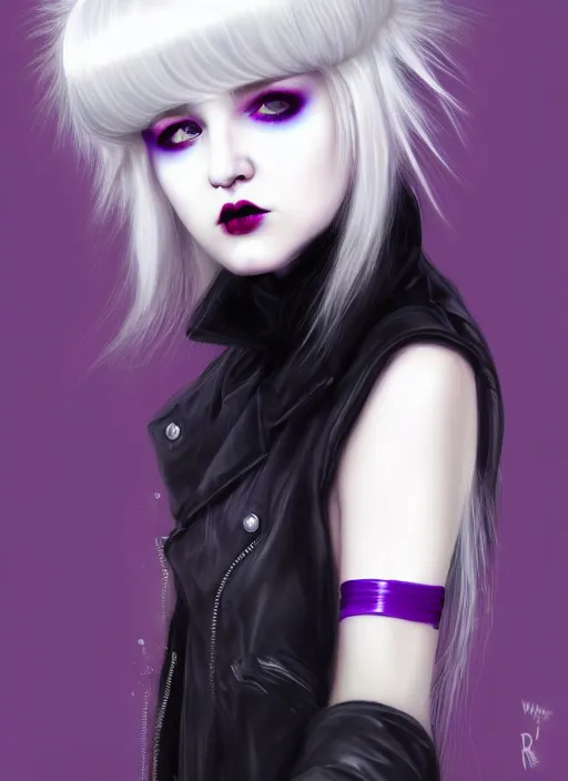 Image similar to portrait of white teenage girl, normal face, white bangs, mall goth, cyberlox, black and white hair, bangs, fluffy bangs, red contact lenses, purple lipstick, intricate, elegant, highly detailed, digital painting, artstation, concept art, sharp focus, smooth, illustration, art by wlop, mars ravelo and greg rutkowski