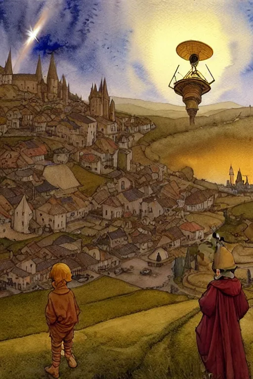 Image similar to a hyperrealist watercolor concept art of an elegant golden ufo in the sky above a small medieval town. one single dirty medieval peasant child is in the foreground pointing up at the sky. very muted colors, by rebecca guay, michael kaluta, charles vess. high detail, hq, wide shot, 4 k