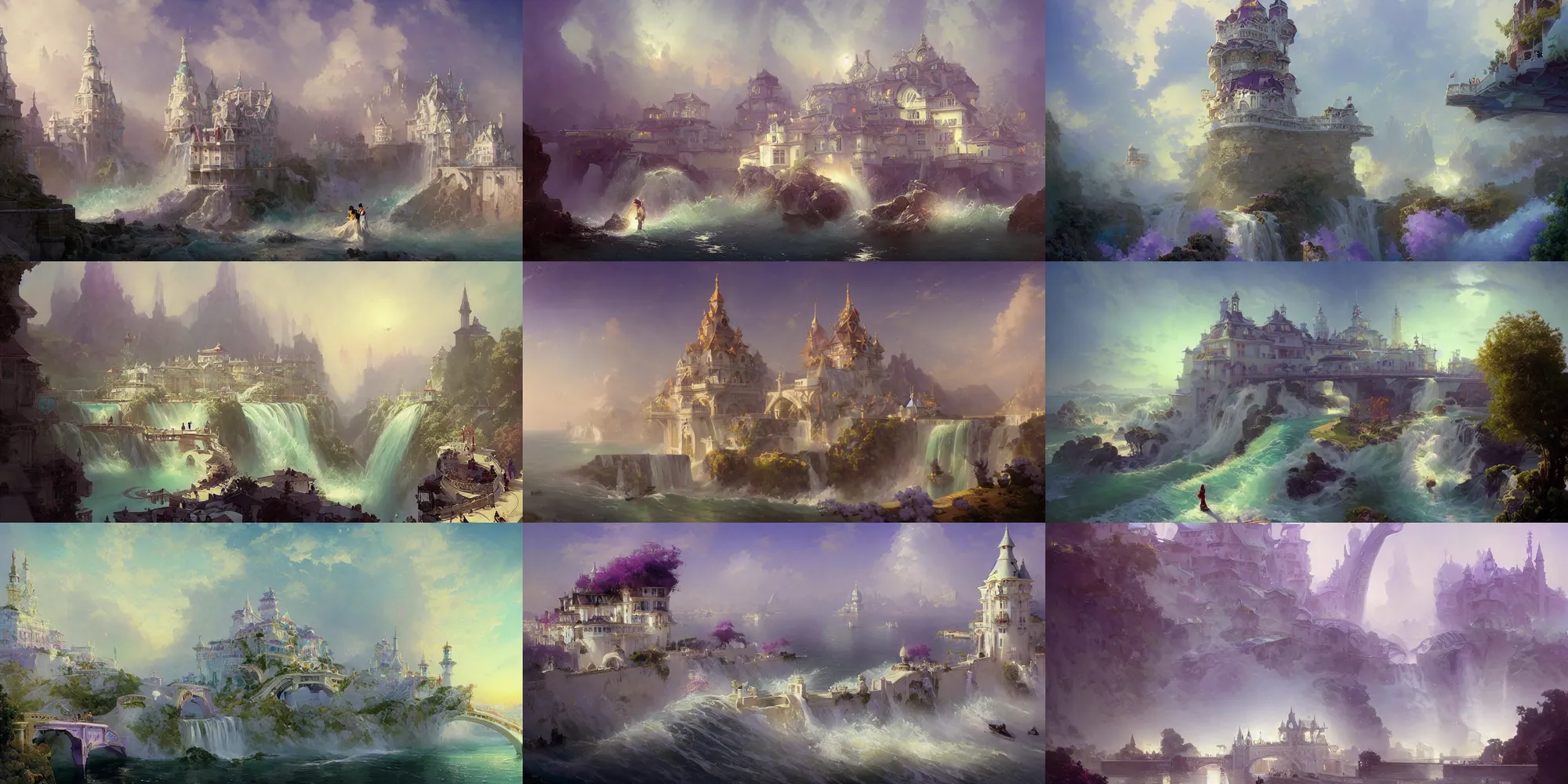 Prompt: fantasy coastal city with waterfalls, white buildings with lavender color roofs, bridges, lilac bushes, art nouveau architecture, fantasy, art by joseph leyendecker, peter mohrbacher, ivan aivazovsky, ruan jia, reza afshar, marc simonetti