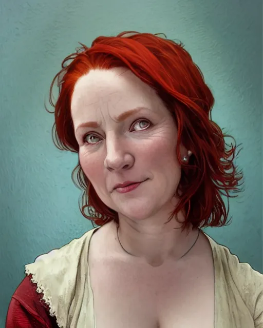 Image similar to portrait of happy short and plump 5 0 - year - old woman with red hair and, kind face, round face, short hair, molly weasley, wearing in cardigan, hyper realistic face, beautiful eyes, close up, fantasy art, in the style of greg rutkowski, intricate, alphonse mucha, hyper detailed, smooth