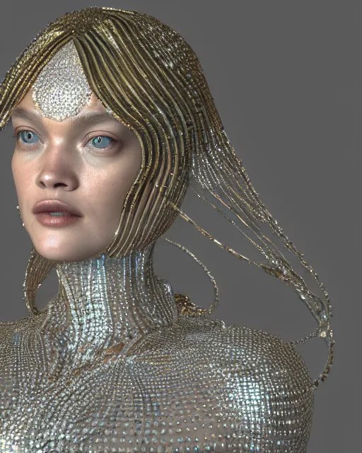 Image similar to a highly detailed metahuman 8 k close up render of natalia vodianova renaissance in iris van herpen dress schiaparelli in diamonds crystals swarovski and jewelry iridescent in style of alphonse mucha gustav klimt trending on artstation made in unreal engine 4