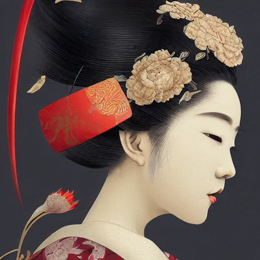 Image similar to Very very very very highly detailed epic central composition studio photography of A Japanese geisha, intricate, medieval, extremely detailed, digital painting, artstation, concept art, smooth, sharp focus, illustration, studio lighting, incredible art by Anna Dittmann and Anton Pieck