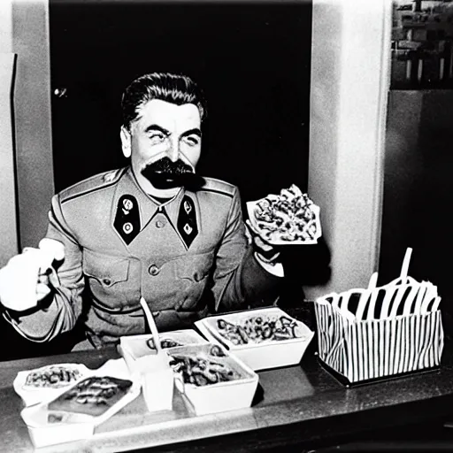 Image similar to joseph stalin enjoying a happy meal at mcdonald's