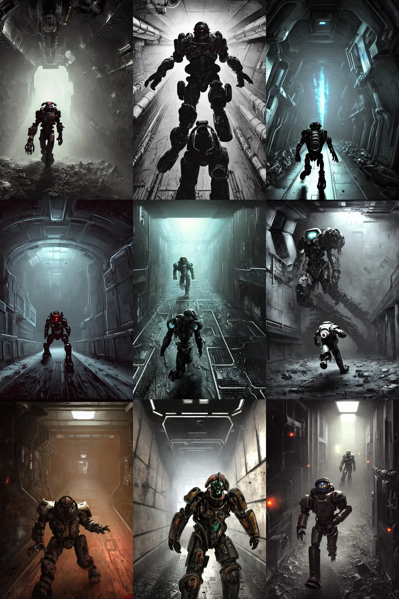 Prompt: horror movie scene of an individual in futuristic power armor being chased down a hallway, running through a desolate deep space mining station, rusty metal walls, broken pipes, dark colors, muted colors, tense atmosphere, mist floats in the air, amazing value control, dead space, moody colors, dramatic lighting, ussg ishimura, frank frazetta
