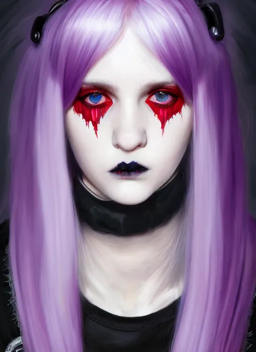 Image similar to portrait of white teenage girl, normal face, white bangs, mall goth, cyberlox, black and white hair, bangs, fluffy bangs, red contact lenses, purple lipstick, intricate, elegant, highly detailed, digital painting, artstation, concept art, sharp focus, smooth, illustration, art by wlop, mars ravelo and greg rutkowski