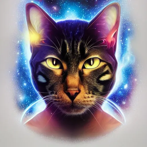 Image similar to a uhd photorealistic portrait of a cosmic cat wearing a starfleet uniform, holding a phaser, fantasy, sharp focus, intricate, sci - fi, artstation, matte, hyperdetailed, concept art, illustration, studio lighting, art by ilya kuvshinov, artgerm, alphonse mucha, amano, and karol bak