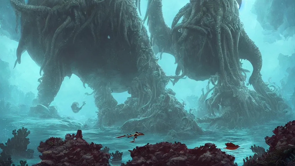 Image similar to A diver is under the sea, he has a treasure with him, he is swimming away from the giant Cthulhu that is behind hunting him, this is an extravagant planet with wacky wildlife and some mythical animals, the background is full of ancient ruins, the ambient is dark with a terrifying atmosphere, by Jordan Grimmer digital art, trending on Artstation,