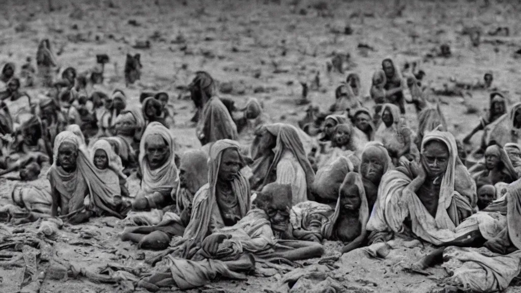 Prompt: 1984 Ethiopian biblical famine and drought as seen in Western newspapers, moody, dark, movie scene, hd, 4k, wide shot