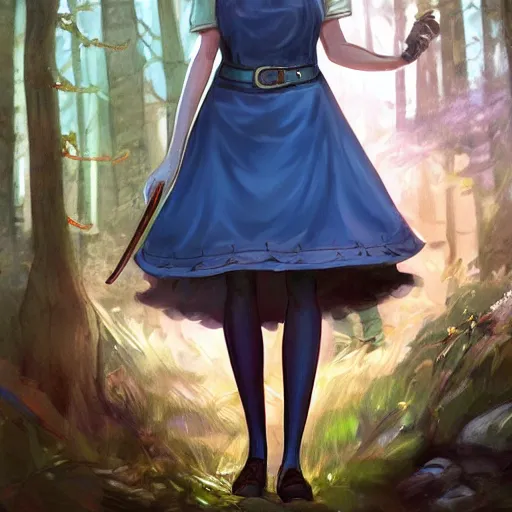 Image similar to a portrait of a 1 9 6 0 s woman with curly black hair and blue eyes, and an apron in the forest, dynamic lighting, fantasy concept art, trending on art station, stunning visuals, cinematic, ultra detailed