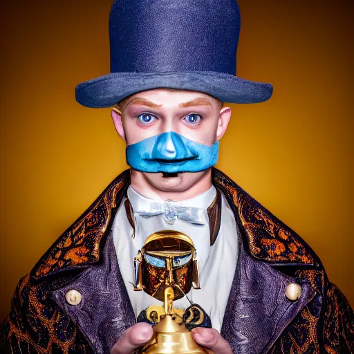 Image similar to a professional studio low - key lighting high contrast photography portrait of a young blonde blue eye man in an ornate vintage coat golden leafs, taking off horror mask, highly detailed mid shot dutch angle, volumetric lighting one source, gloaming eye whites portrait, poster, 4 k, award winning, canon, photo of the year, dalle 2 reference