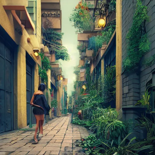 Image similar to a painting of a person walking down a bronze art-deco alley lined with plants, a detailed matte painting by Anka Zhuravleva, cgsociety, light and space, rendered in unreal engine, artstation hq, artstation hd