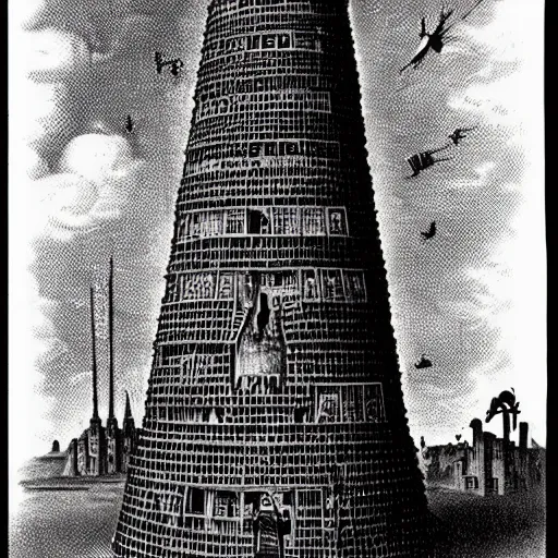 Image similar to the tower of babel, dark cartoon scene by charles addams