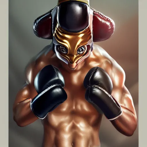 Prompt: anthro anubis as a boxer in a boxing ring, strong spotlights, trending on artstation, smooth and sharp focus, elegant detail, illustration, digital painting, art by artgerm and wlop