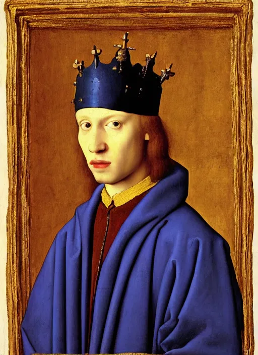 Image similar to portrait of a young king with a crown, medieval painting by Jan van Eyck, Johannes Vermeer, Florence