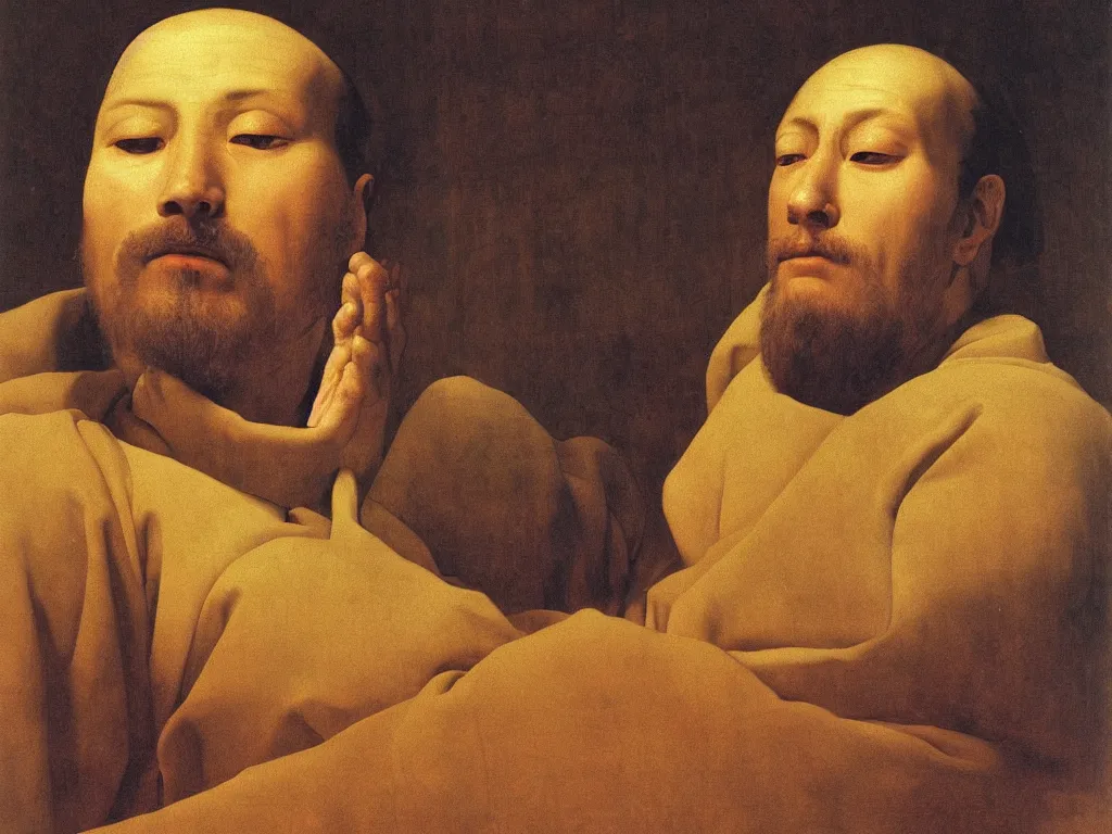 Prompt: close up portrait of a head of a man in zen meditation. painting by georges de la tour