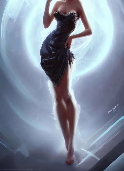 Image similar to beautiful fashion goddness, strapless dress, character portrait in the style of thomas river and artgerm, wlop, cinematic lighting, hyperdetailed, 8 k realistic, symmetrical, global illumination, radiant light, halo, love and mercy, frostbite 3 engine, cryengine, dof, trending on artstation, digital art, chanel