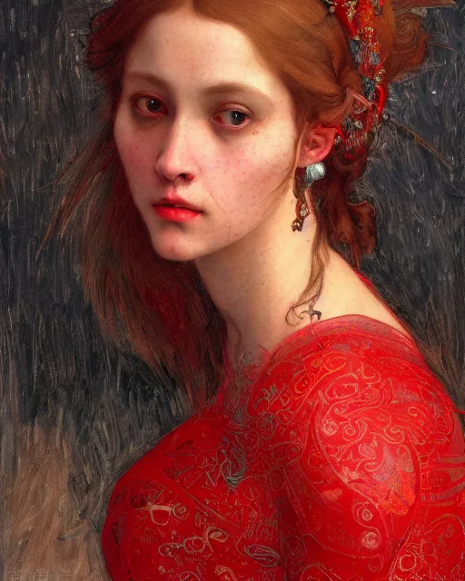 Prompt: a close up of a beautiful girl in a red dress with colourful intricate tattoos, by edgar maxence and caravaggio and michael whelan and delacroix style, artistic, intricate drawing, light brazen, realistic fantasy, extremely detailed and beautiful aesthetic face, 8 k resolution, dramatic lighting