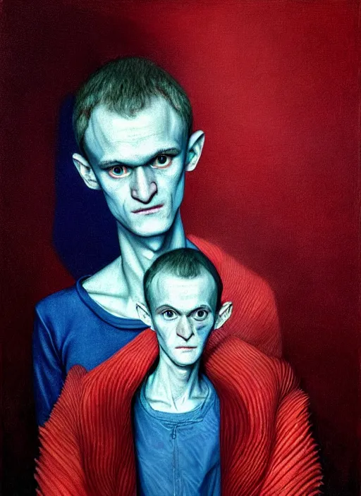 Prompt: vitalik buterin in the style of leonora carrington, gottfried helnwein, raqib shaw, chiaroscuro intricate composition, blue light by caravaggio, insanely quality, highly detailed, masterpiece, red light, artstation