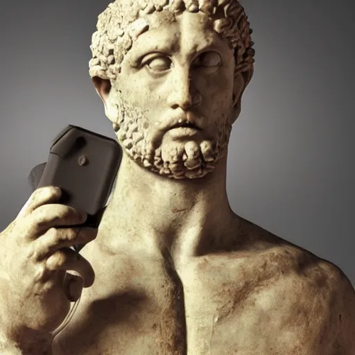 Image similar to An ancient roman sculpure of a man holding a phone, realistic, ultra high detail, 8k.