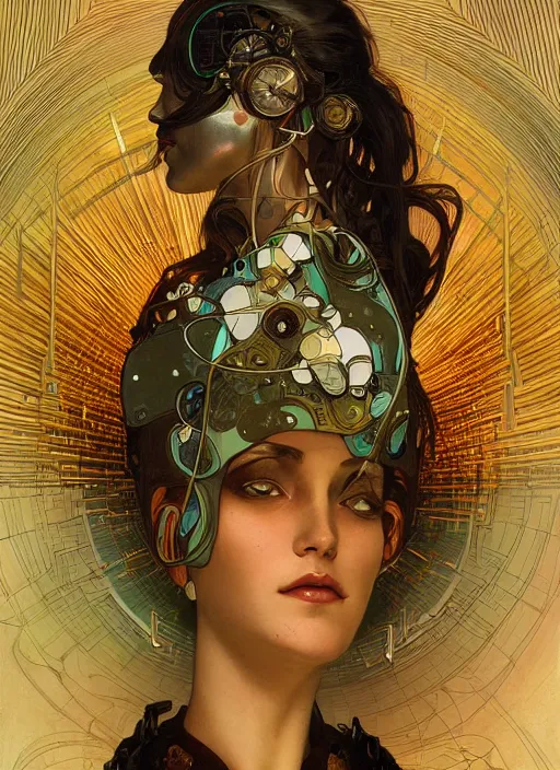 Image similar to portrait of a beautiful female android, coy, circuitry visible in head, in the style of ex machina, karol bak, alphonse mucha, artstation,