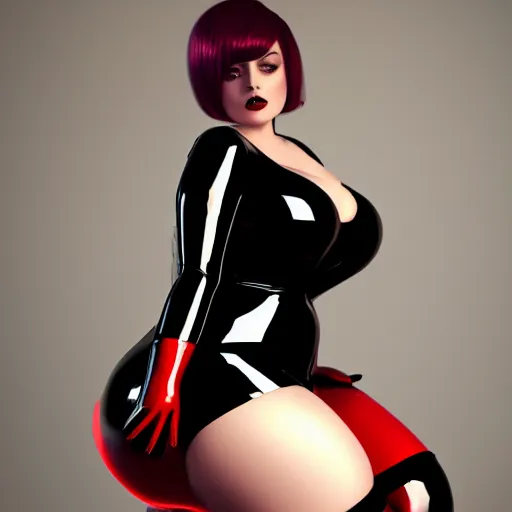 Prompt: thicc curvy feminine goth bombshell cutie with a thin waist in an elaborate polished red-black latex onepiece dress with stockings, cgsociety, photorealistic, sublime-classy-dignified ambience, 16k, sharp focus, trending on ArtStation, volumetric lighting, fully clothed, worksafe