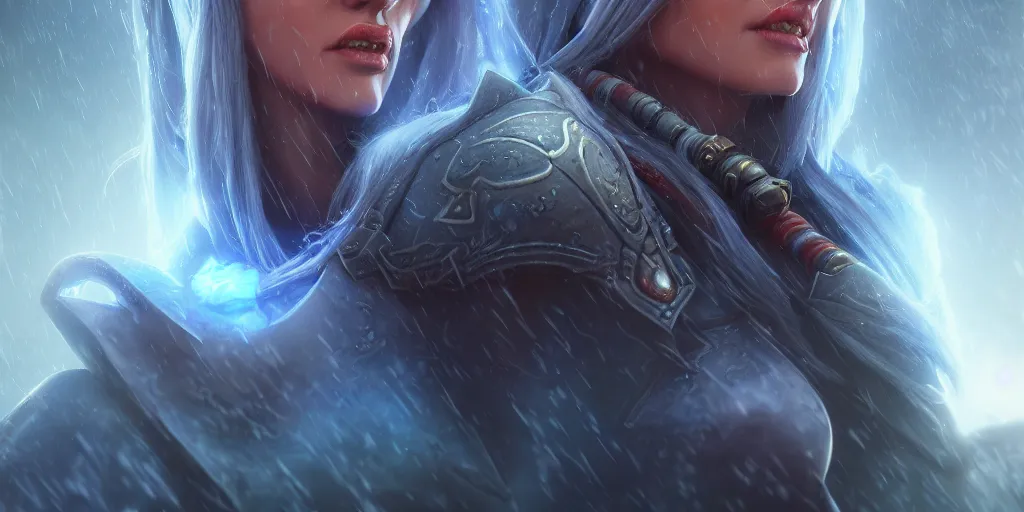 Image similar to hyperrealist distant portrait of sylvanas windrunner on a blue planet spectrum rain. by bayard wu, fantasy, spectrum photorealistic, octane render, unreal engine, dynamic lighting, trending on artstation, poster, volumetric lighting, very detailed faces, 4 k, award winning