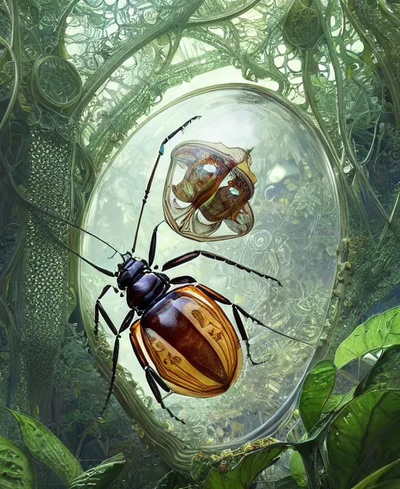 Prompt: intricate ornate opulent transparent clear see - through portrait of a playful beautiful alien beetle, fractal, adorable, childlike, overgrown biopunk jungle environment, ultra realistic, concept art, art nouveau, photorealistic, octane render, 8 k, unreal engine. art by christopher marley and artgerm and greg rutkowski and alphonse mucha