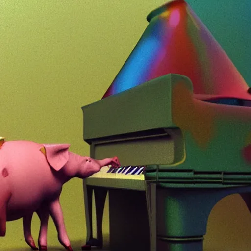 Prompt: a pig playing piano, octane render, volumetric lighting, colorful, happy, surreal, by dave mckean