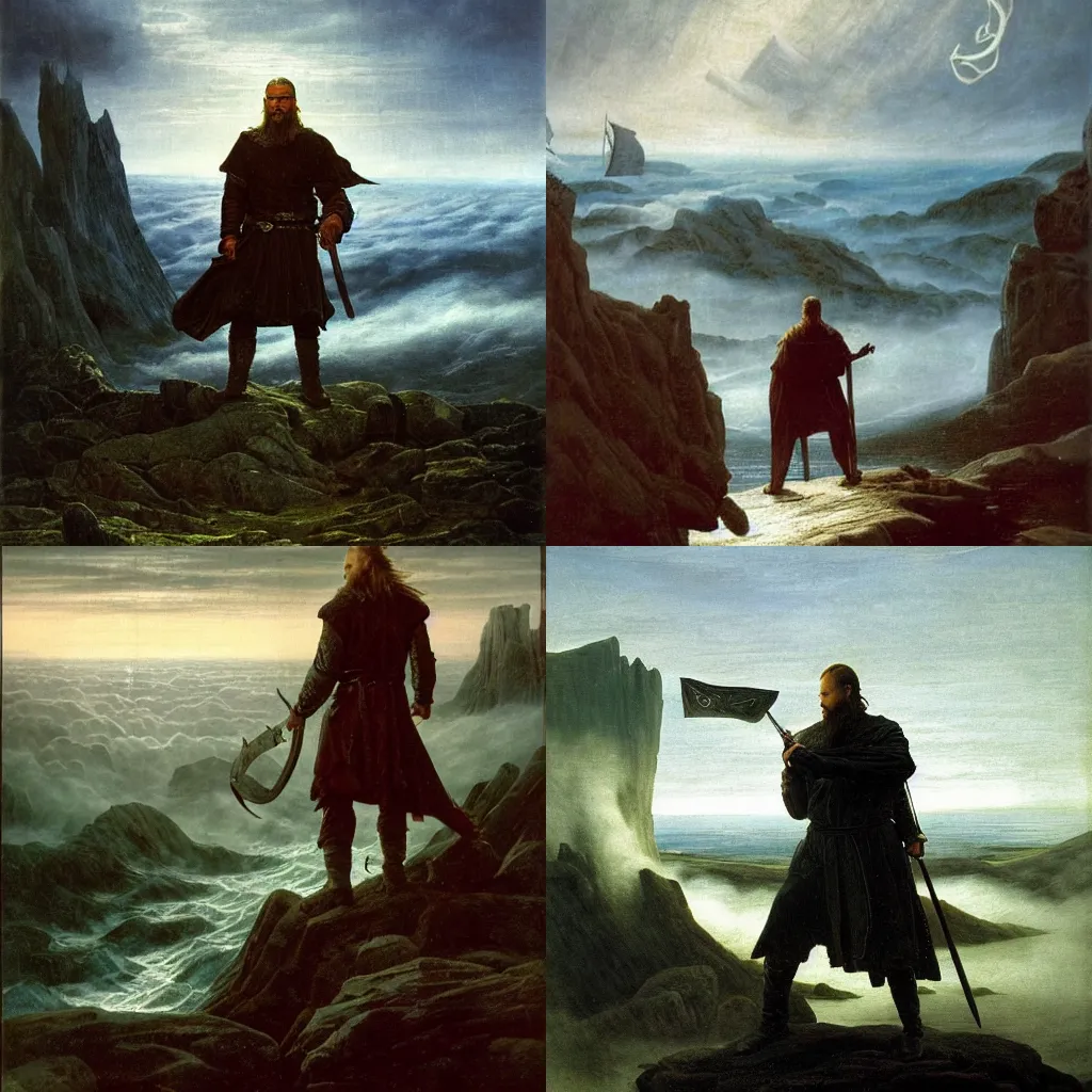 Prompt: Ragnar Lothbrok holding runic sword, wanderer above the sea of fog by caspar david friedrich, dramatic lighting, viking ships, epic, extreme detail