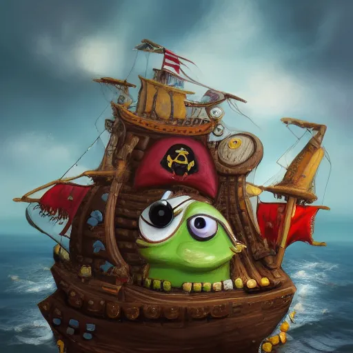 Prompt: A rock with googly eyes is wearing a pirate's outfit, it is the captain of a crew, it's on their pirate ship, the ship is sailing the wide open seas, the rock is hunting for treasure, hyperdetailed, artstation, cgsociety, 8k